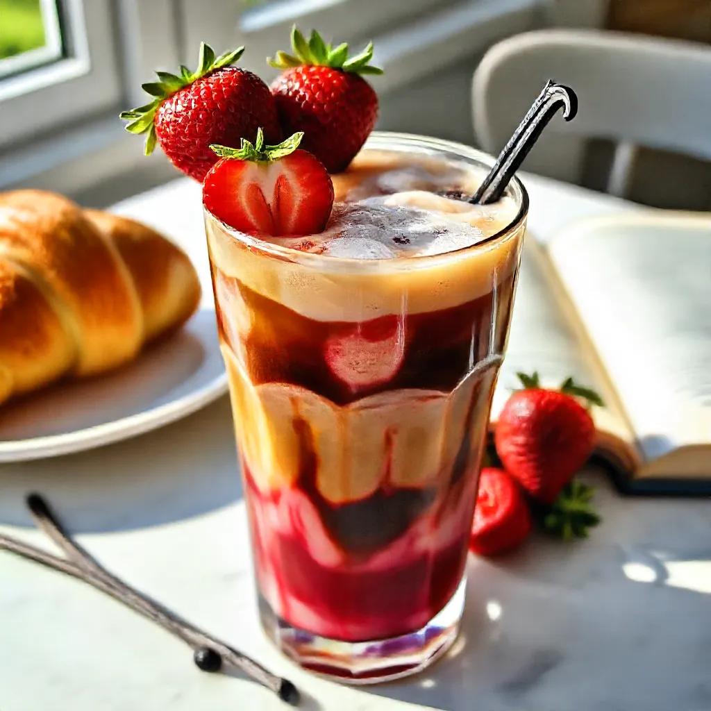 Berry Vanilla Iced Coffee served with fresh berries and vanilla garnish.