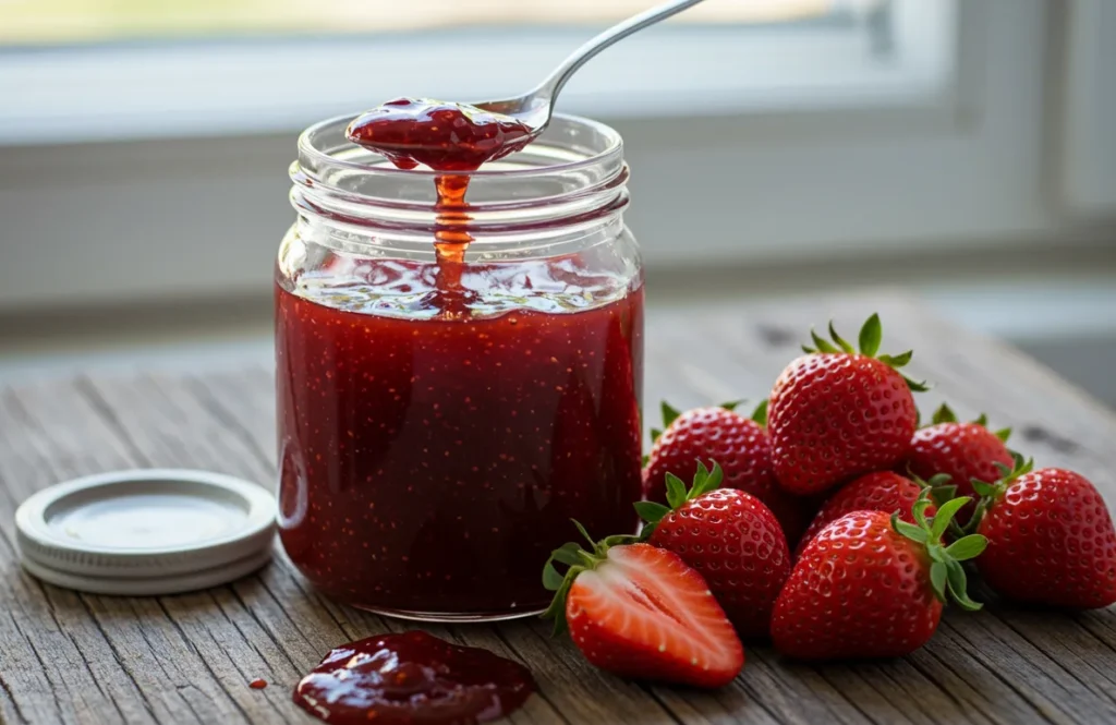  Homemade strawberry jam in a glass ja